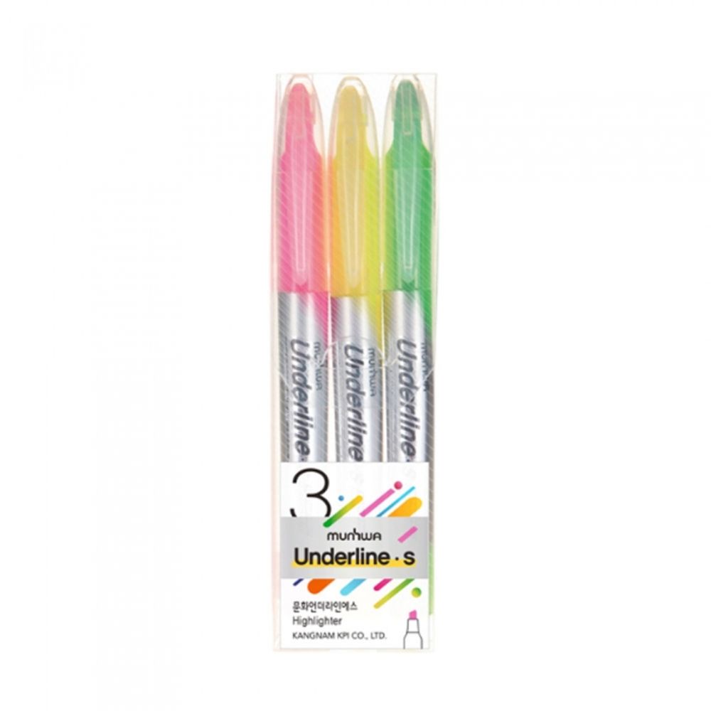 MUNHWA Underline S Highlighting Marker 3-Color Set | Smudge-Proof Pigment Ink | Pink, Yellow, Green | Chisel Tip (4mm) | Made in Korea